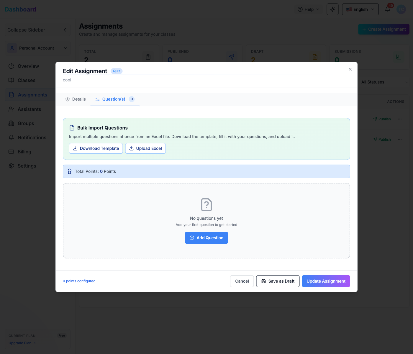 Modifier un devoir — Onglet Questions